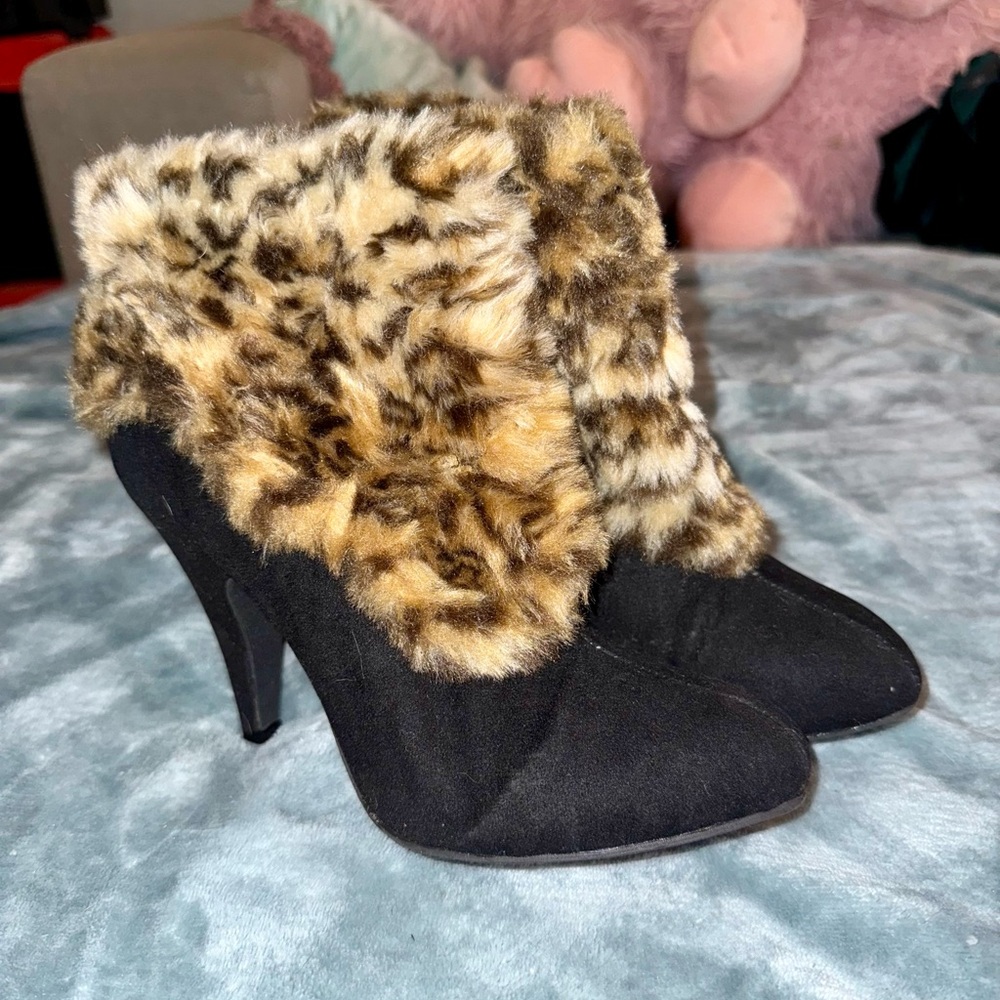 Dollhouse Black Heeled Boots with Faux Fur Cuff